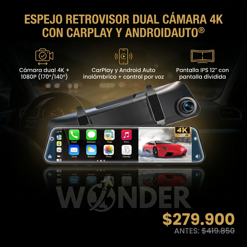 ESPEJO RETROVISOR DUAL CÁMARA 4K CON CARPLAY Y ANDROIDAUTO®